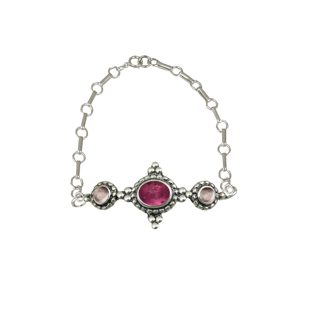 Sterling Silver Gemstone Adjustable Chain Bracelet With Pink Tourmaline And Rose Quartz